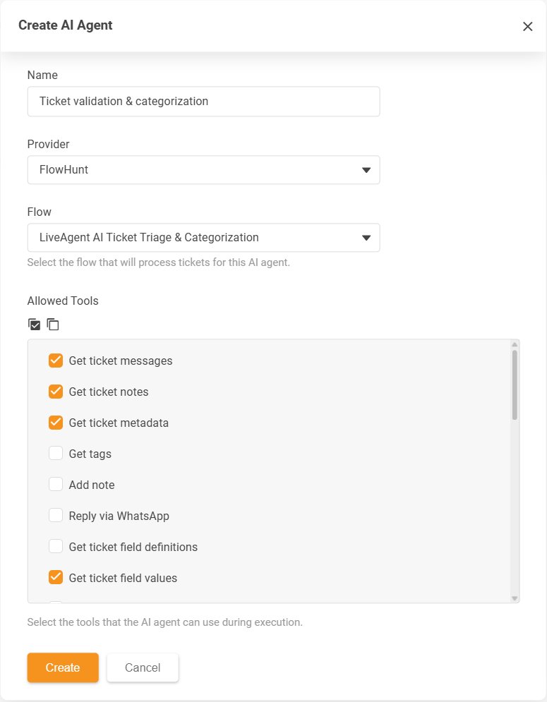 Dialóg LiveAgent Create AI Agent so zoznamom povolených akcií Allowed Tools