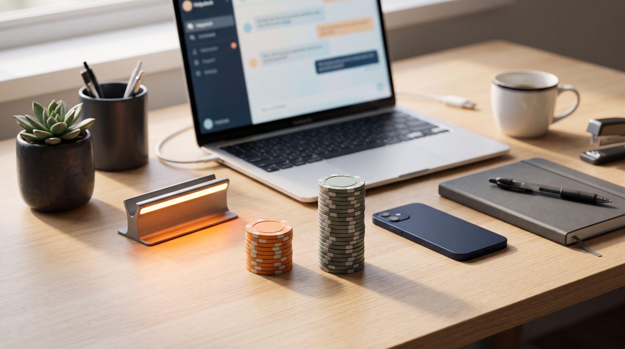 Pracovný stôl s notebookom zobrazujúcim rozhranie help desk chatu, vedľa naskladaných oranžových a sivých žetónov predstavujúcich náklady LiveAgent a Zendesk