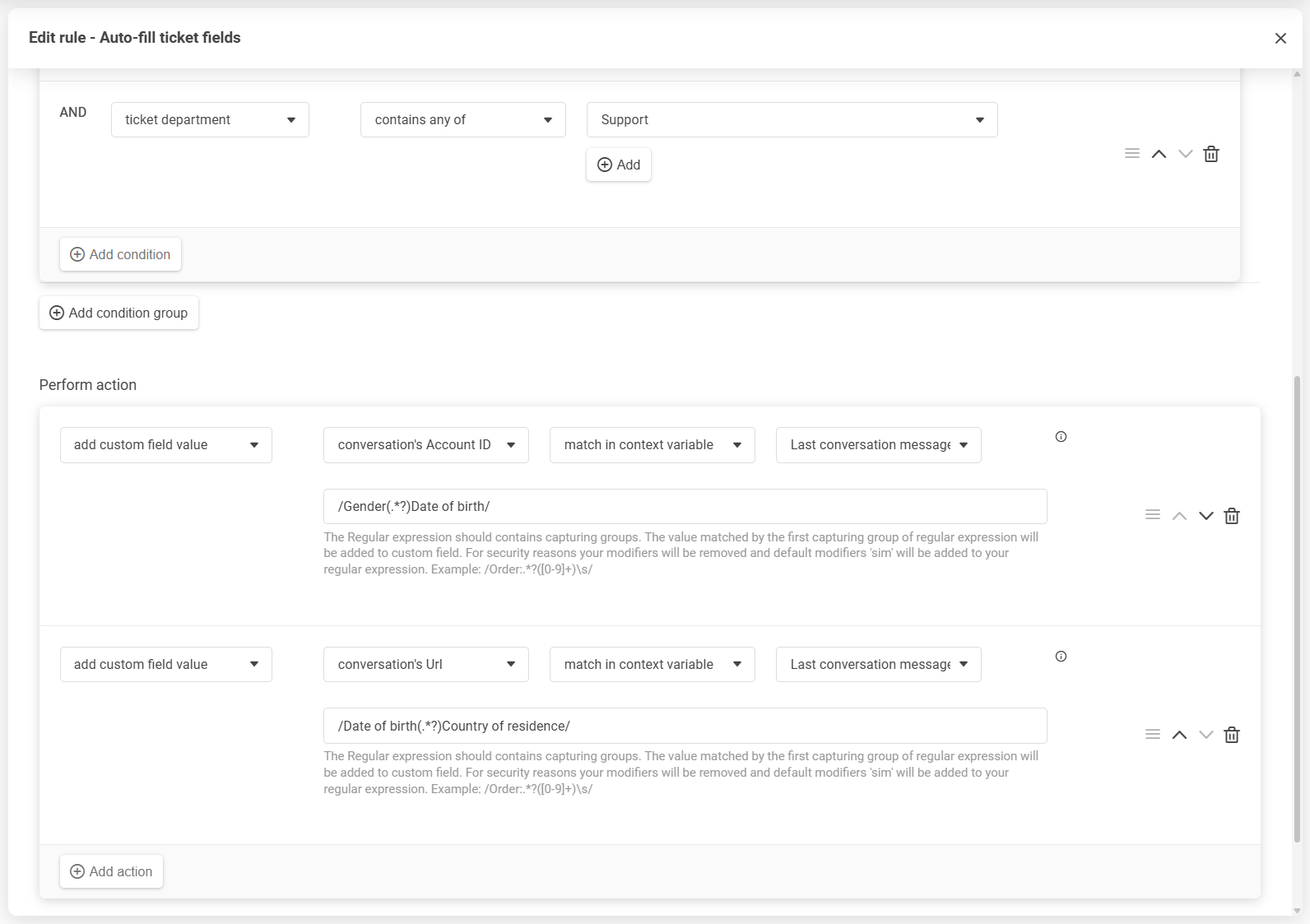 Editor pravidiel LiveAgentu s pretiahnutím myšou na preusporiadanie podmienok a akcií