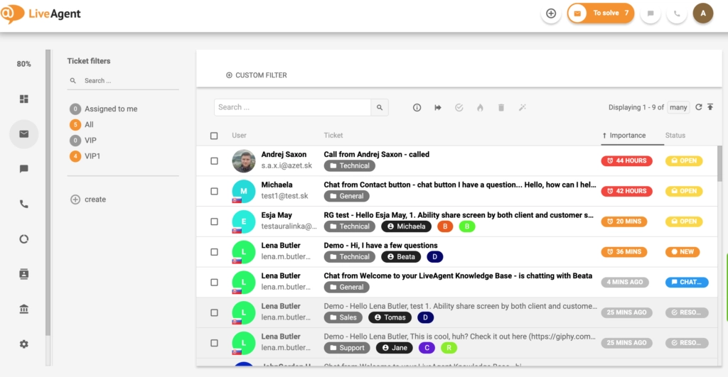Prehľad rozhrania ticketingu v LiveAgent.