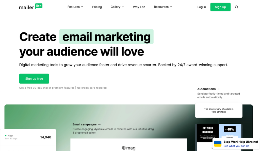 Domovská stránka Mailerlite, používateľsky prívetivý systém na správu e-mailov
