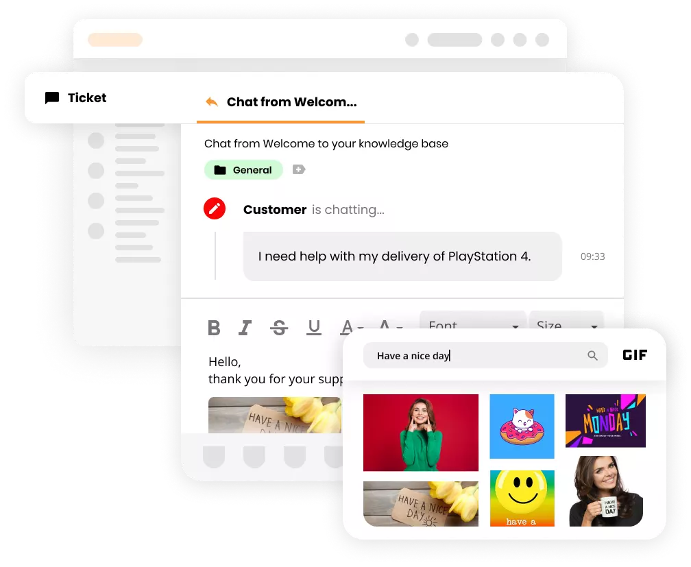 Rozhranie systému ticketingu LiveAgent zobrazujúce GIFy v lístku.