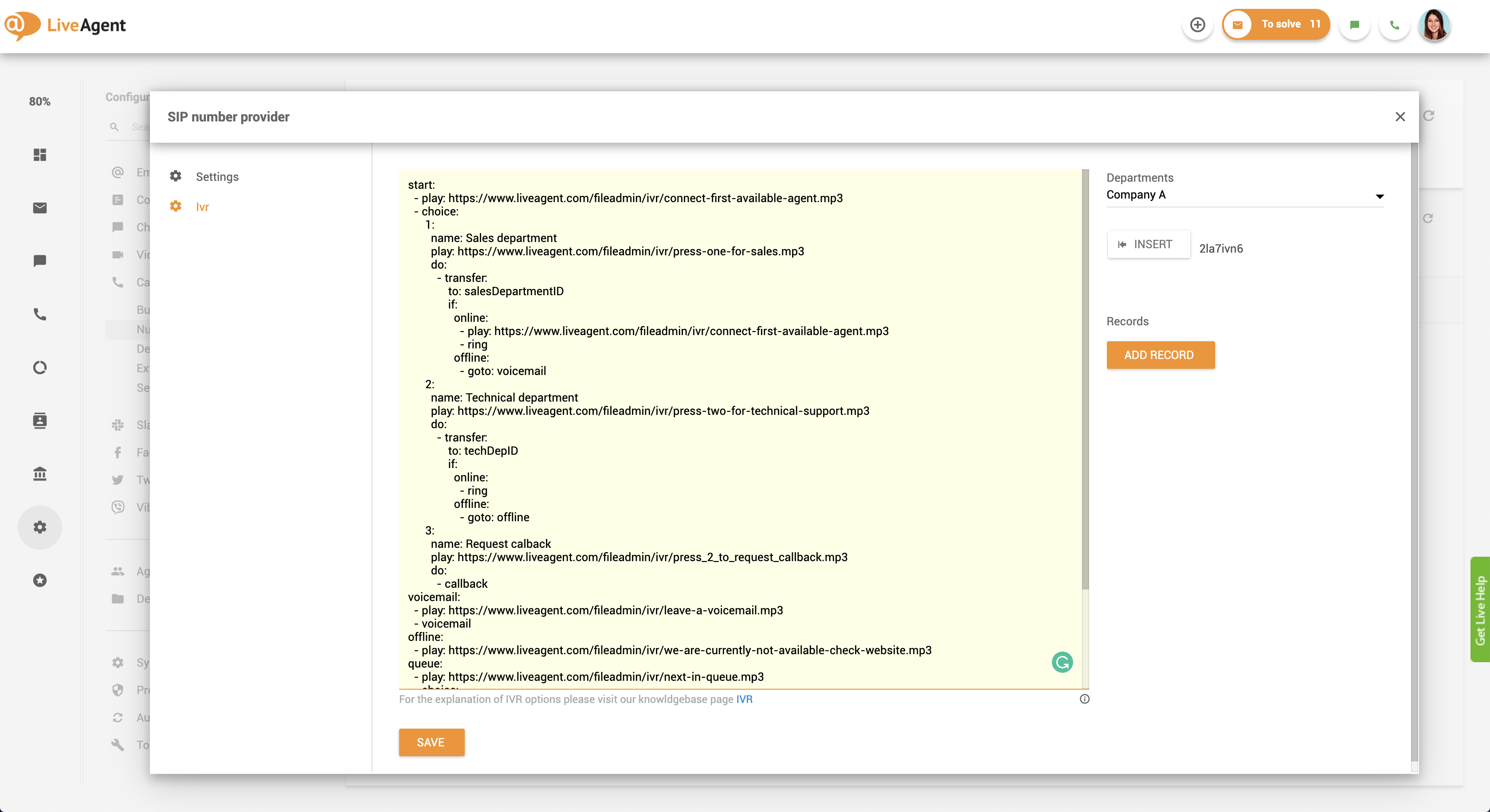 Nastavenie spätného hovoru - skript IVR v LiveAgent