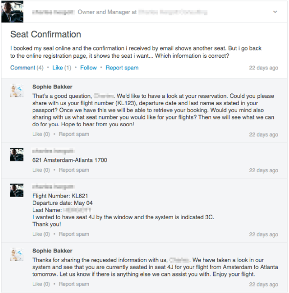 Odpoveď KLM Airlines na zákaznícku otázku na LinkedIn