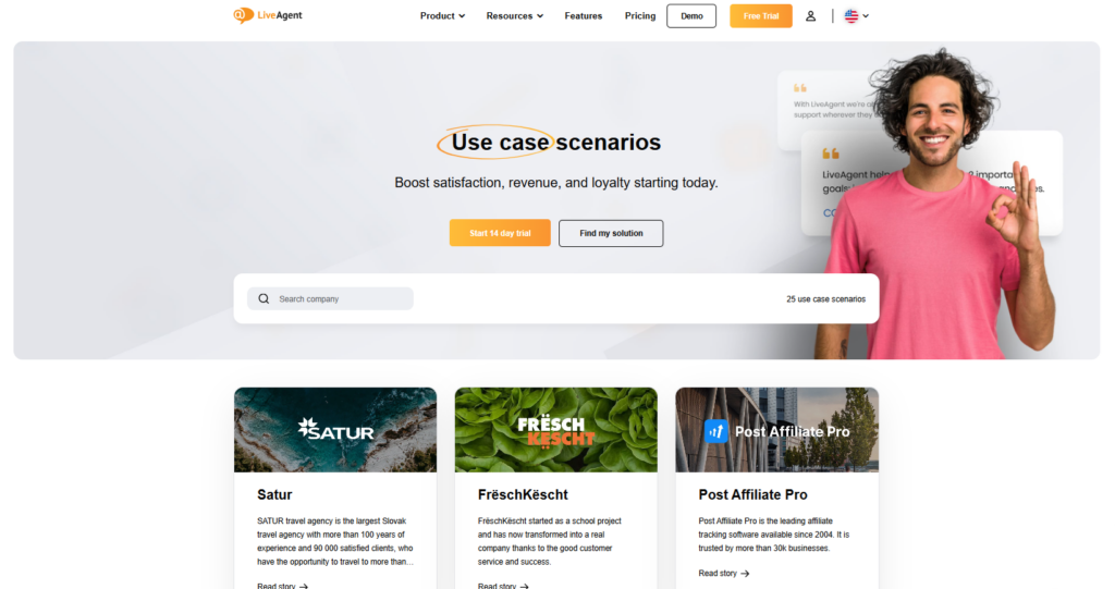 Snímka obrazovky webovej stránky LiveAgent, kde zdieľajú príbehy úspechu svojich zákazníkov