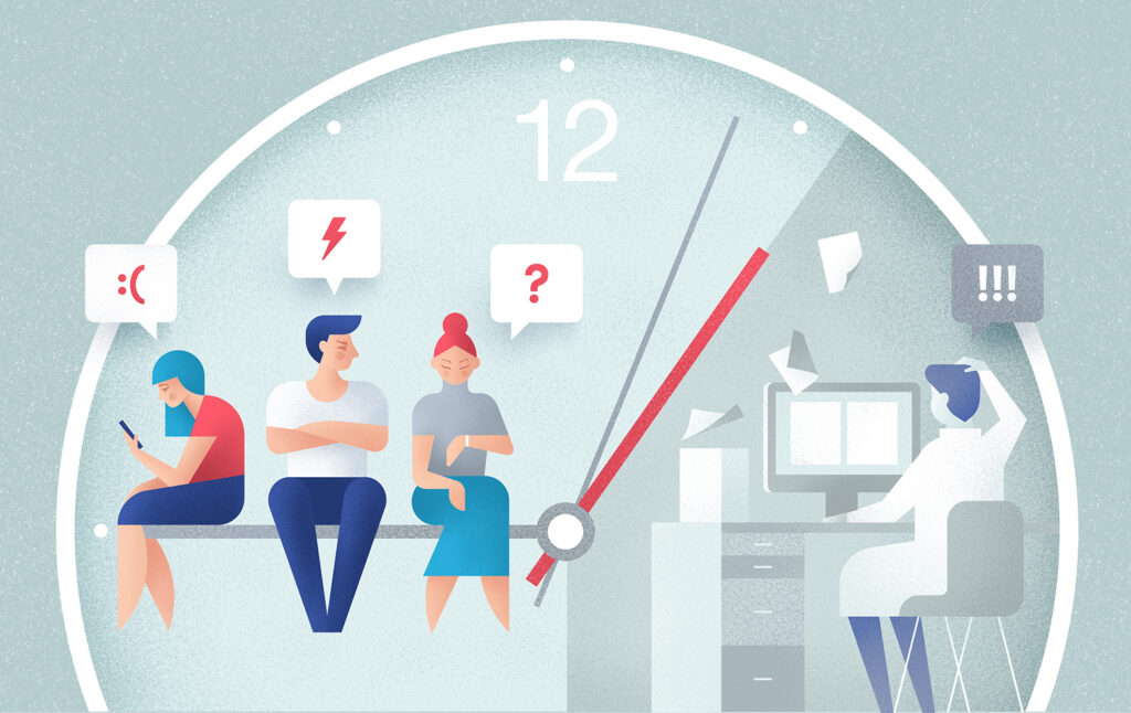 Ilustrácia zákazníkov čakajúcich na podporu