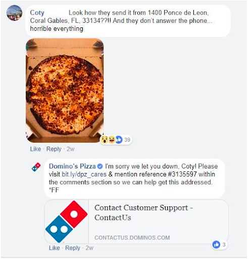 Dominos reaguje na komentáre na Facebooku