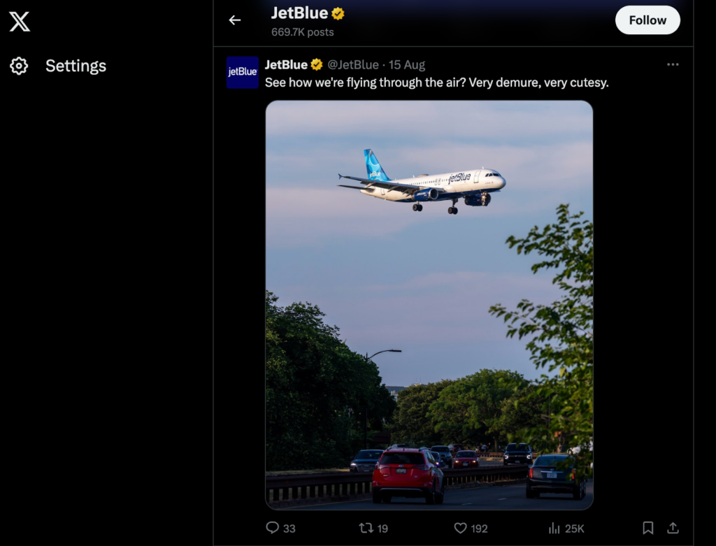 Screenshot of one of JetBlue's social media posts referencing a recently viral phrase