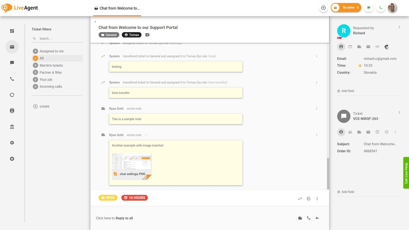 Príklad súkromných poznámok LiveAgent