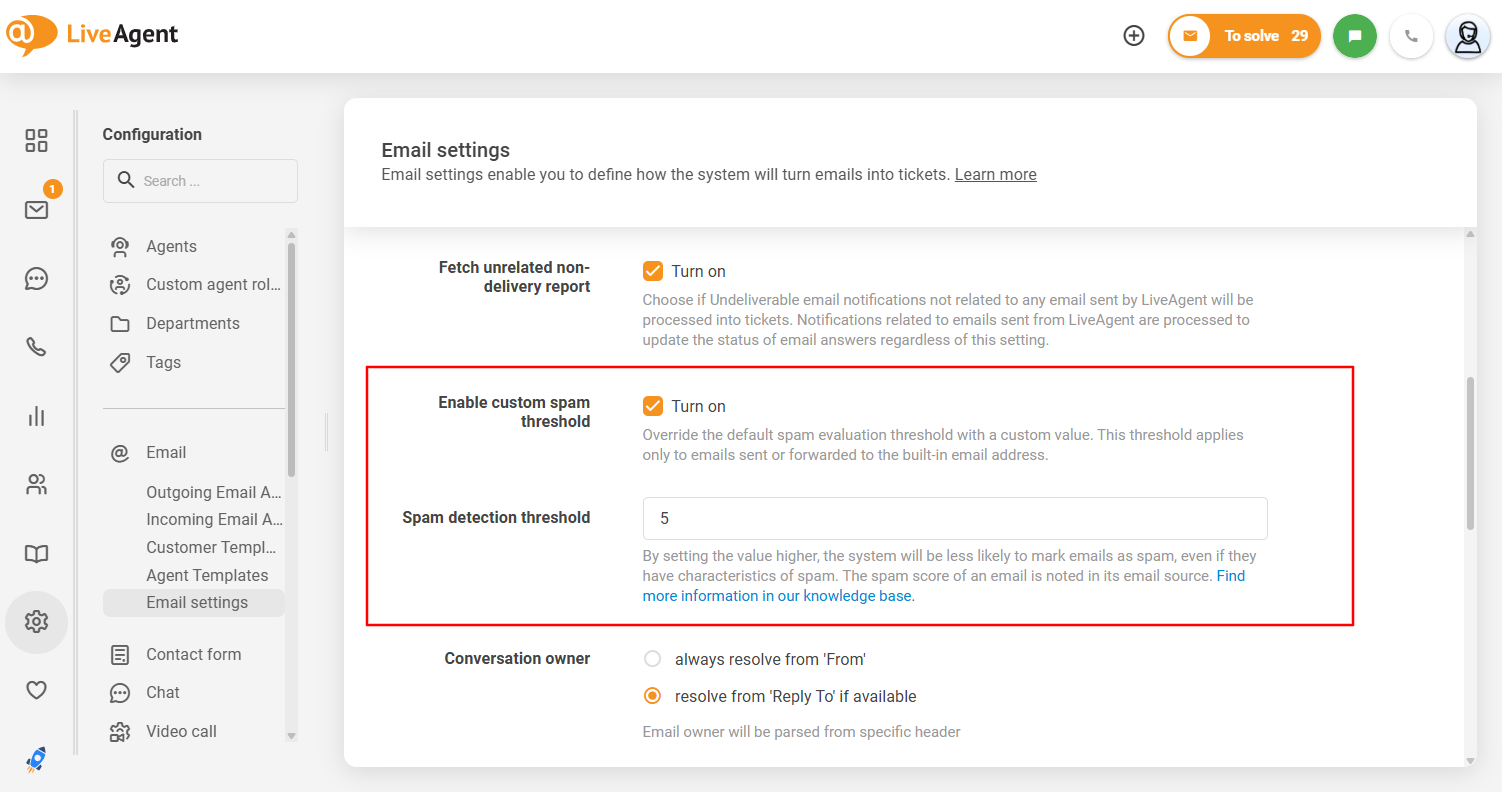 Rozhranie prispôsobiteľného prahu spamu LiveAgent