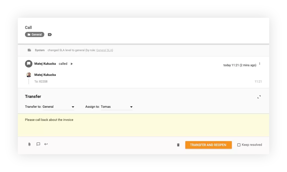 Snímka obrazovky ukazuje, ako preniesť hovory v LiveAgent na iné oddelenia a agentov