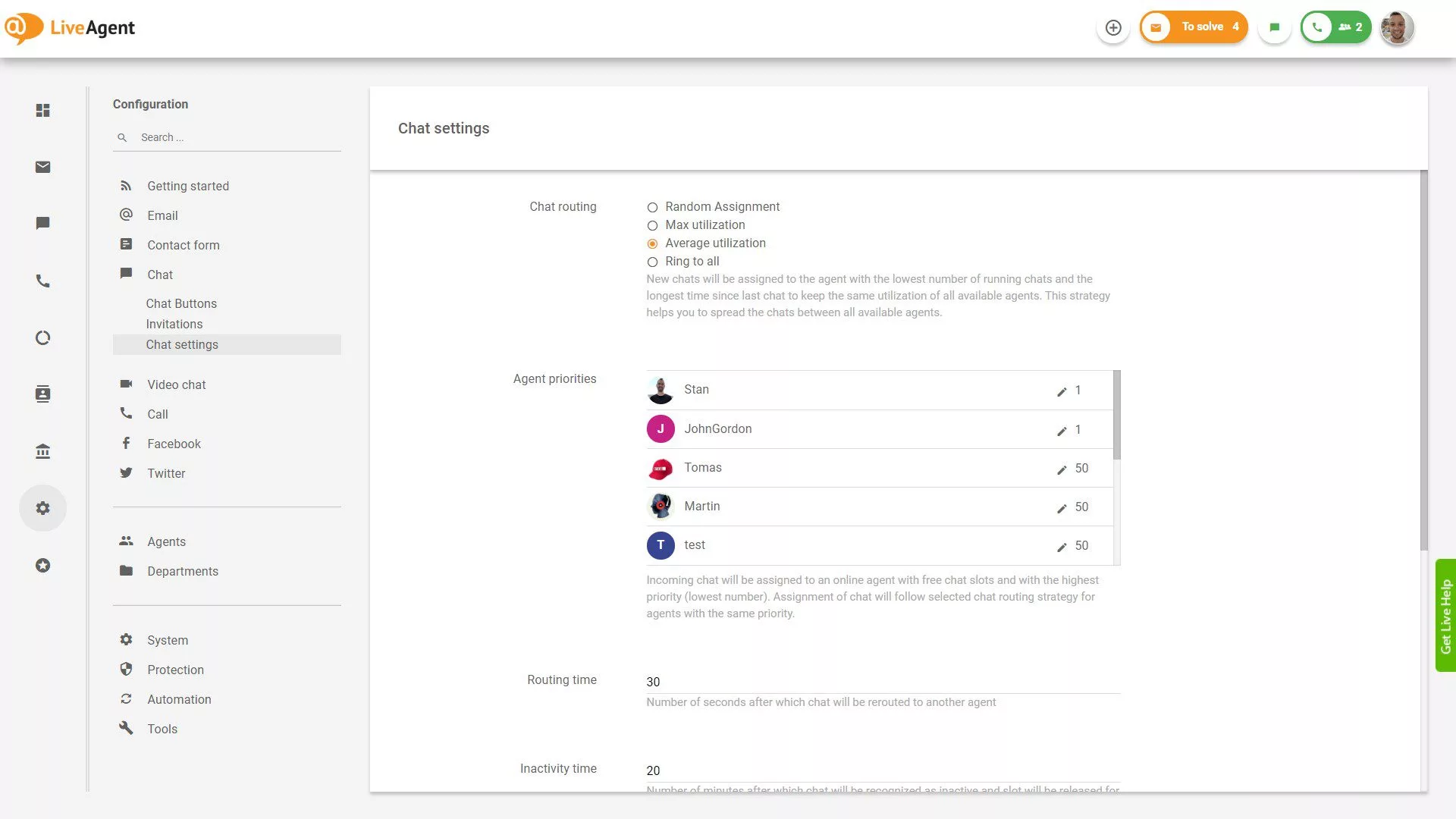 Nastavenia chatu LiveAgent