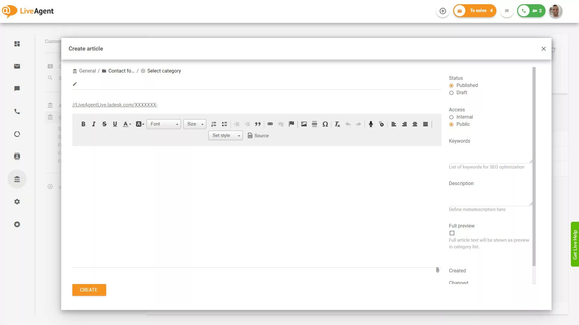 LiveAgent Vytvorenie článku vedomostnej základne
