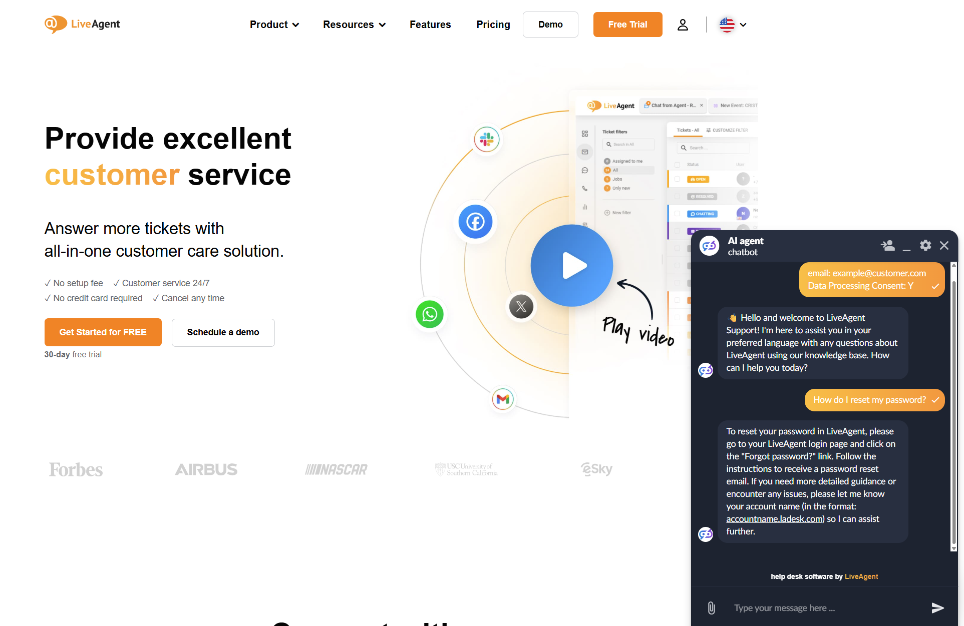 Chatová konverzácia AI chatbota LiveAgent na stránke LiveAgent