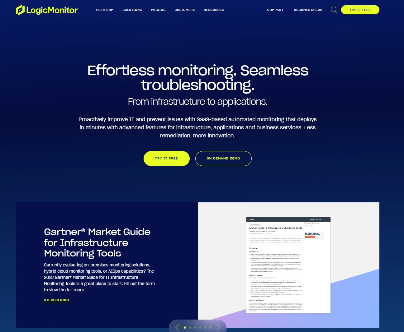 Snímka obrazovky domovskej stránky LogicMonitor - IT platforma výkonu na bezproblémové monitorovanie a riešenie problémov