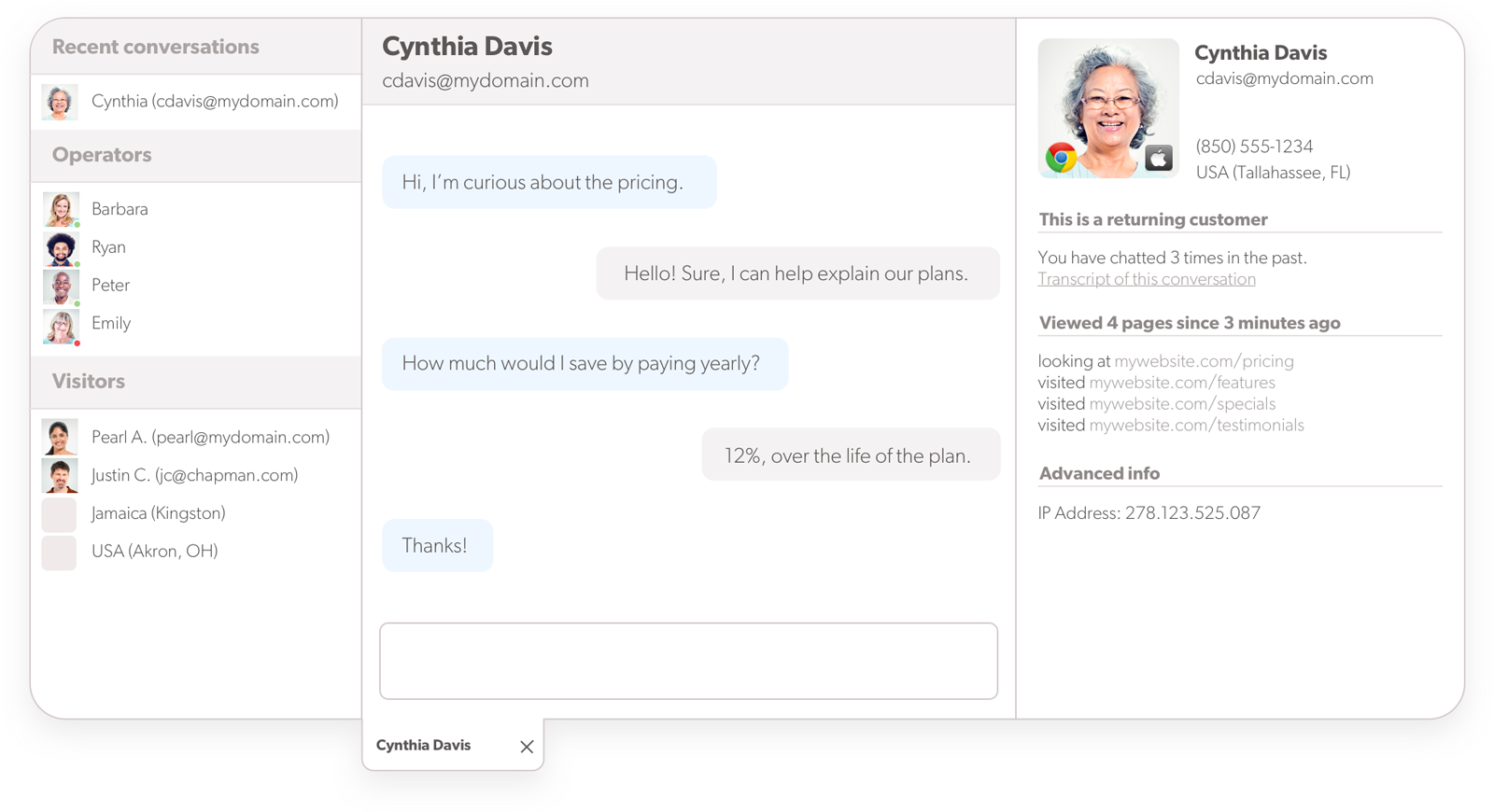 Pohľad agenta na prebiehajúci live chat Olark software na live chat