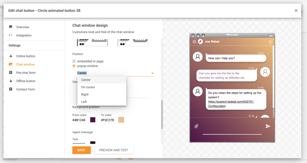 Funkcia popup okna LiveAgent