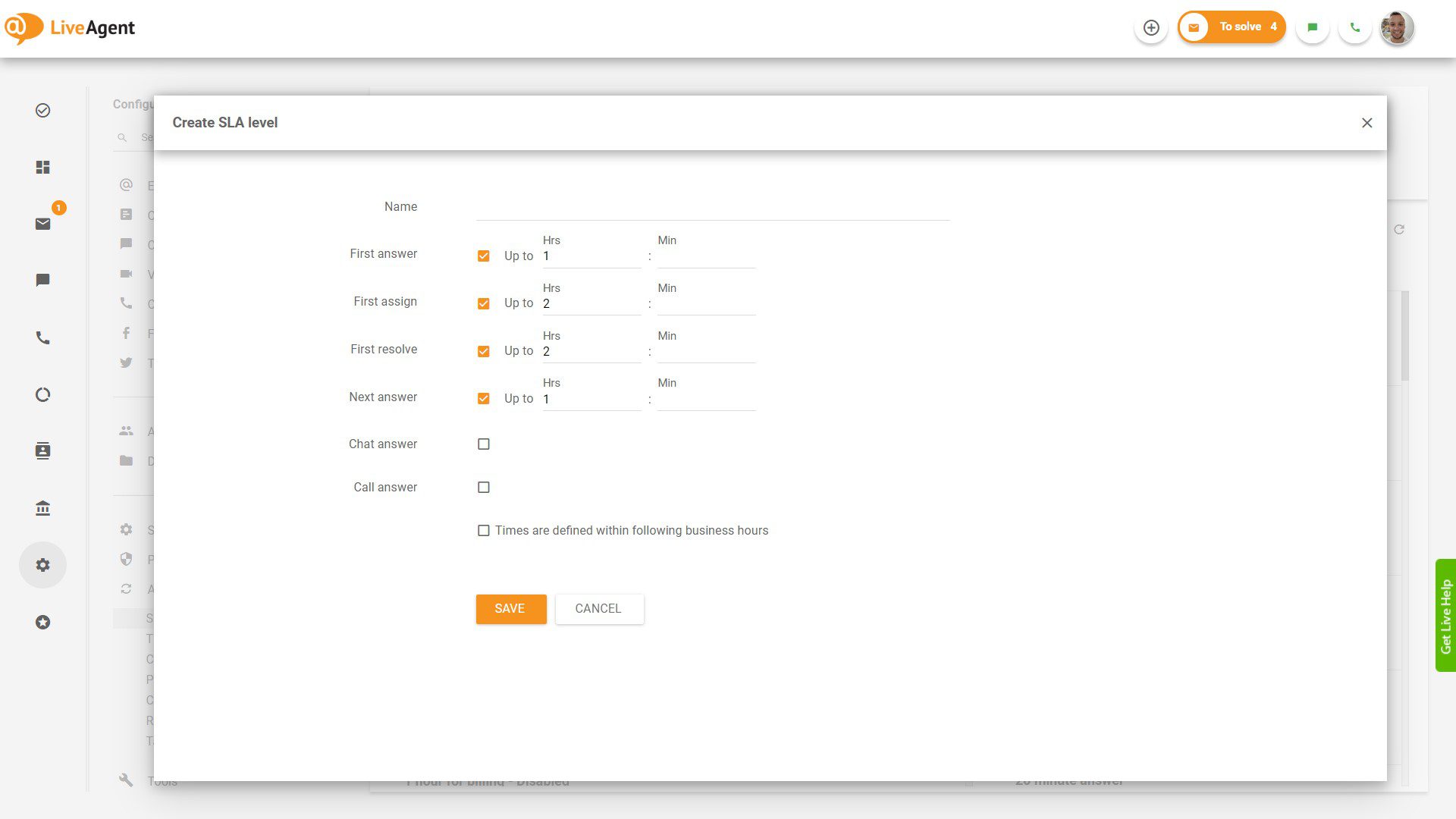 Vytvorenie úrovne SLA v LiveAgent