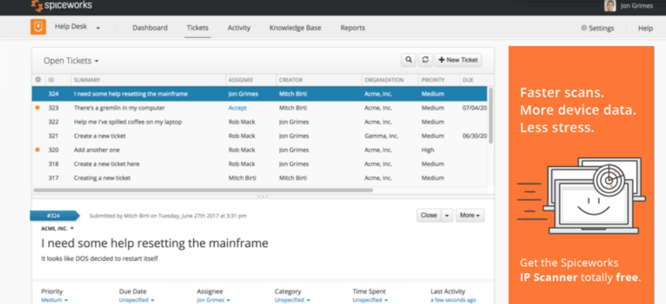 Bezplatná služba ticketing Spiceworks