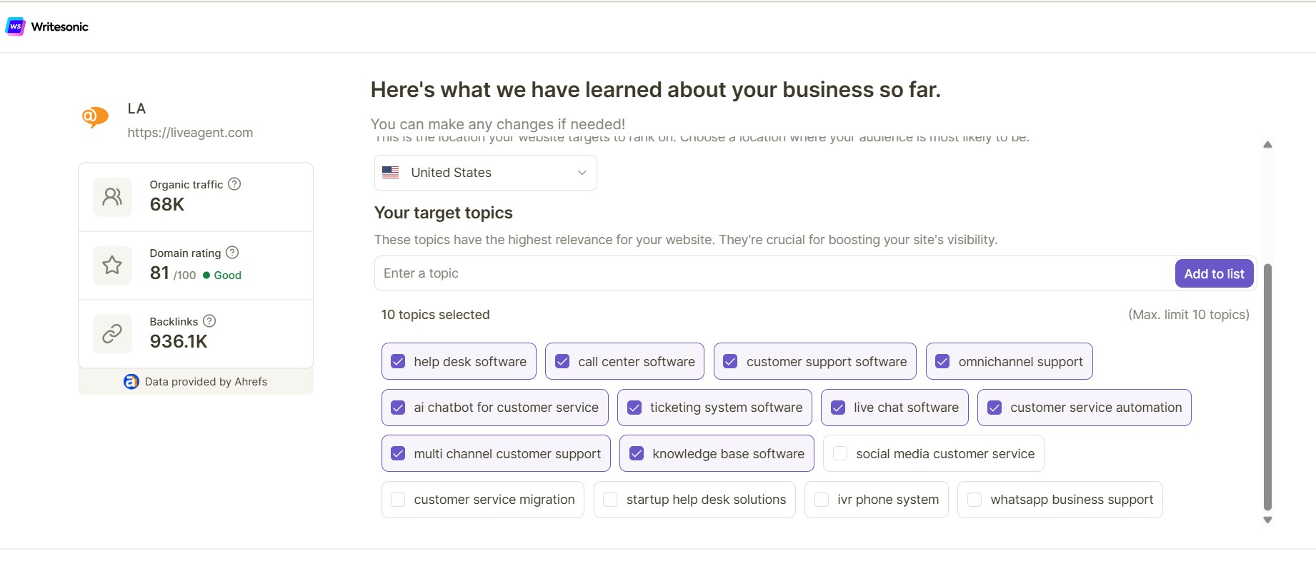 Prehľad SEO auditu webu Writesonic AI