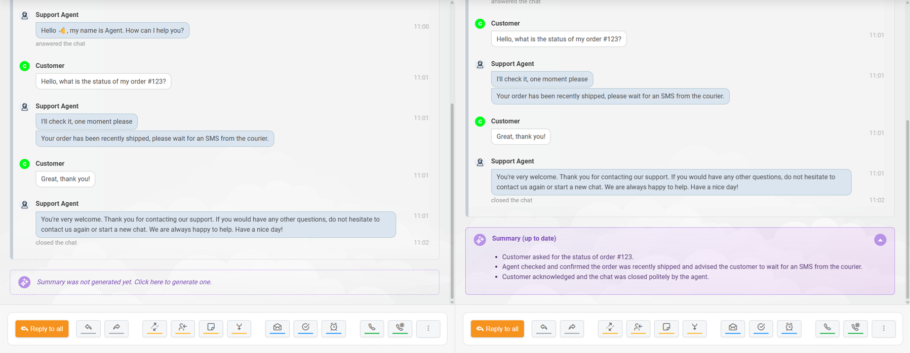 LiveAgent AI ticket summary generated for a chat conversation