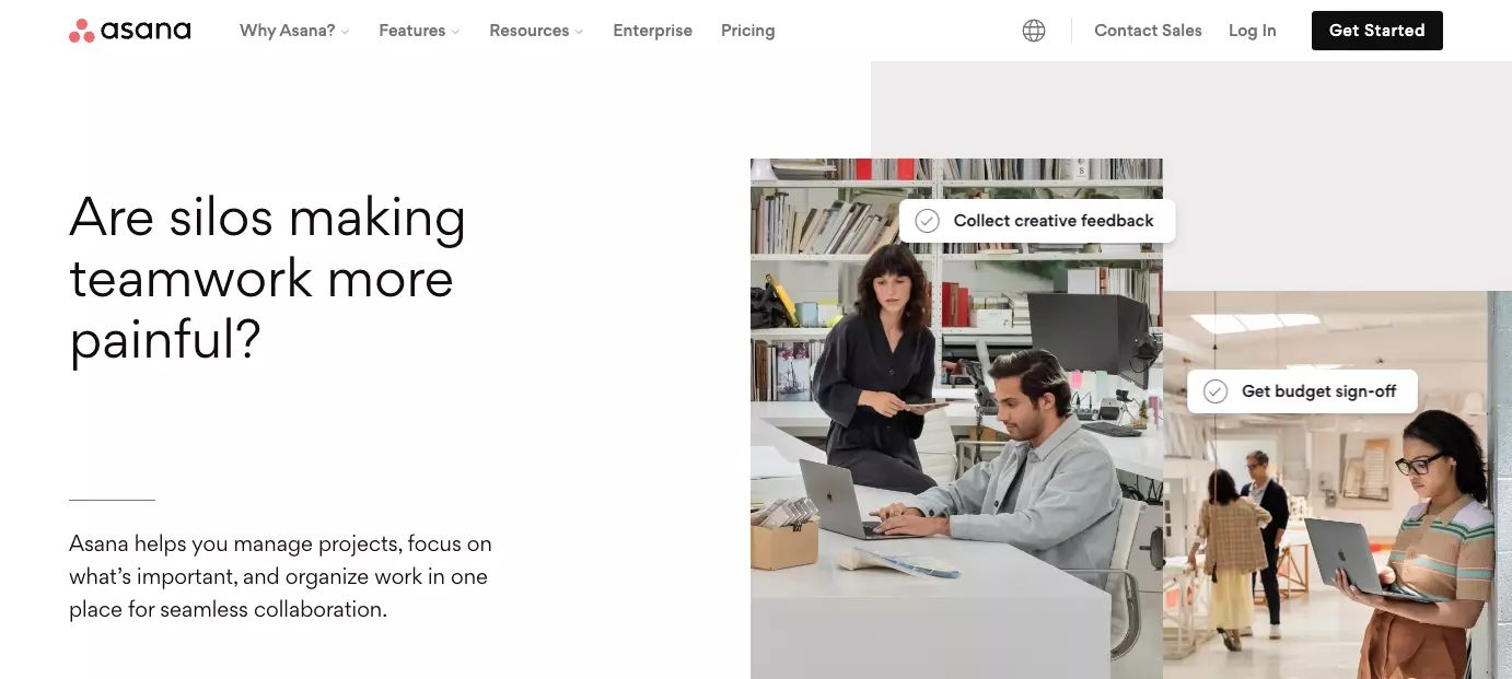 Domovská stránka Asana - zlepšite efektivitu v svojej organizácii zlepšením spolupráce tímu, organizáciou práce a udržiavaním transparentnosti.