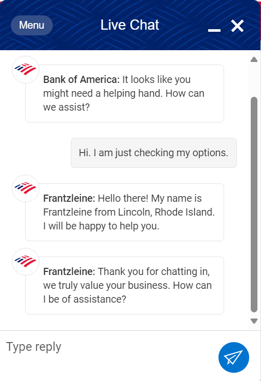 Príklad live chatu Bank of America