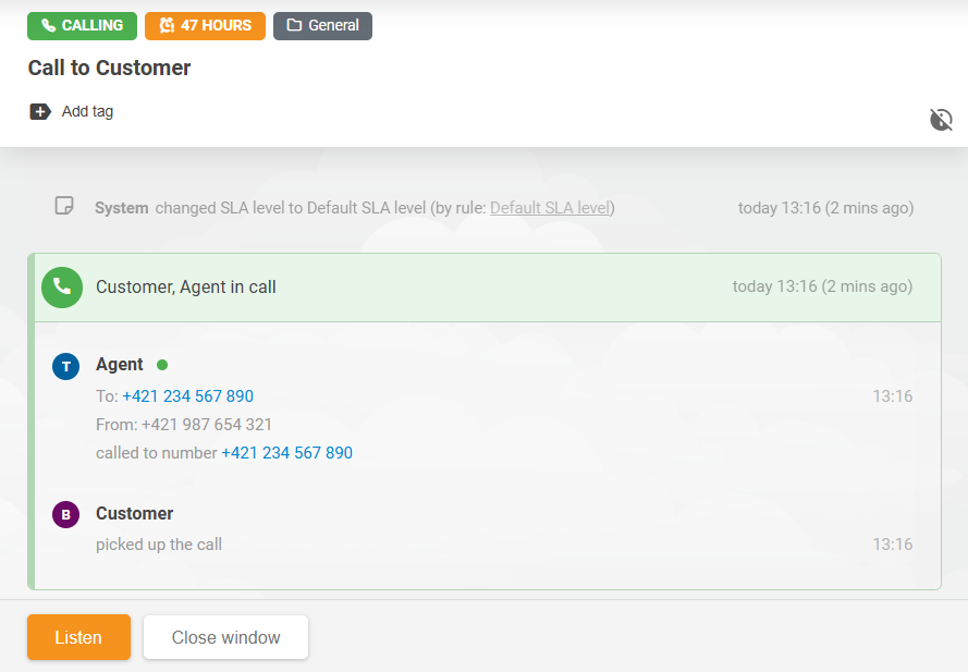 Rozhranie funkcie LiveAgent Call Listening s agentmi počúvajúcimi prebiehajúce hovory