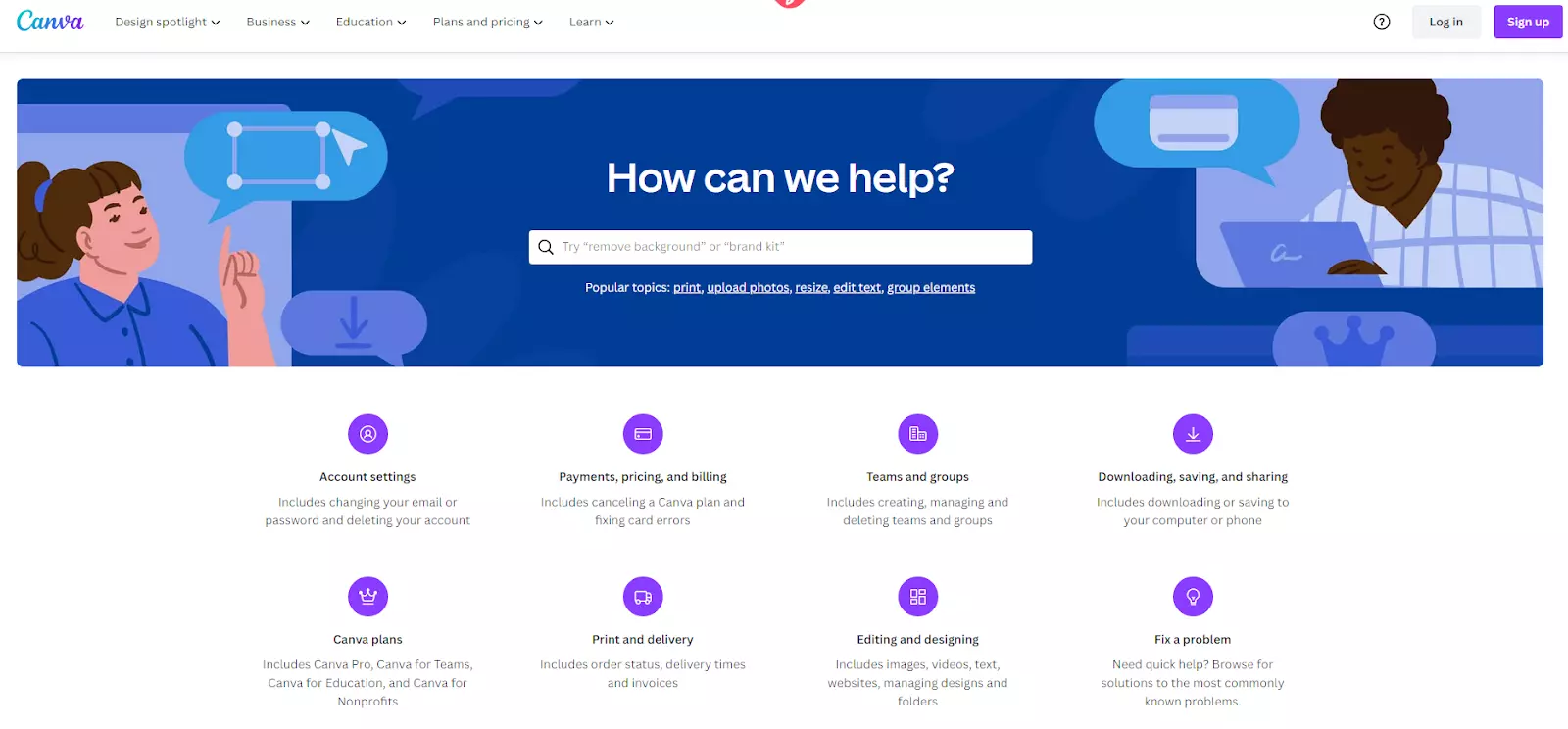 Stránka knowledge base Canva