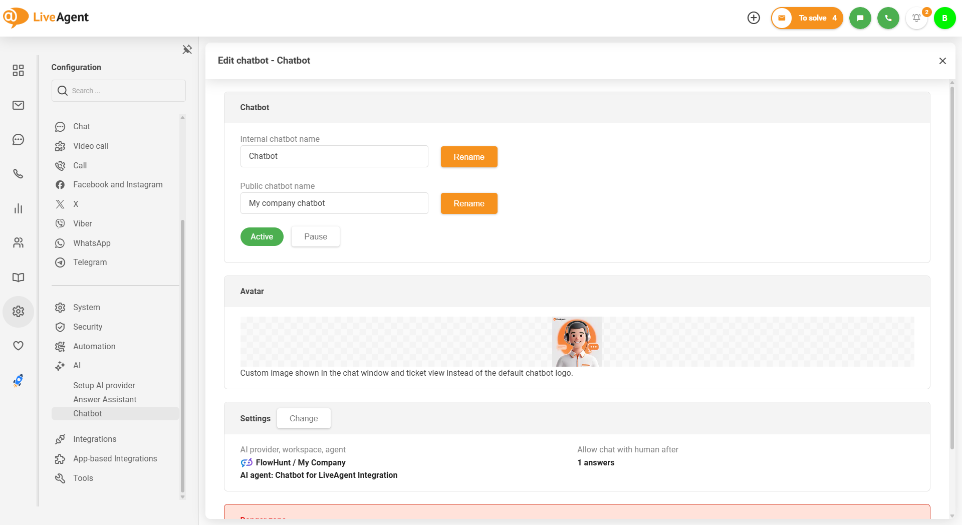 AI chatbot LiveAgent s vlastným nahraním obrázka avatara