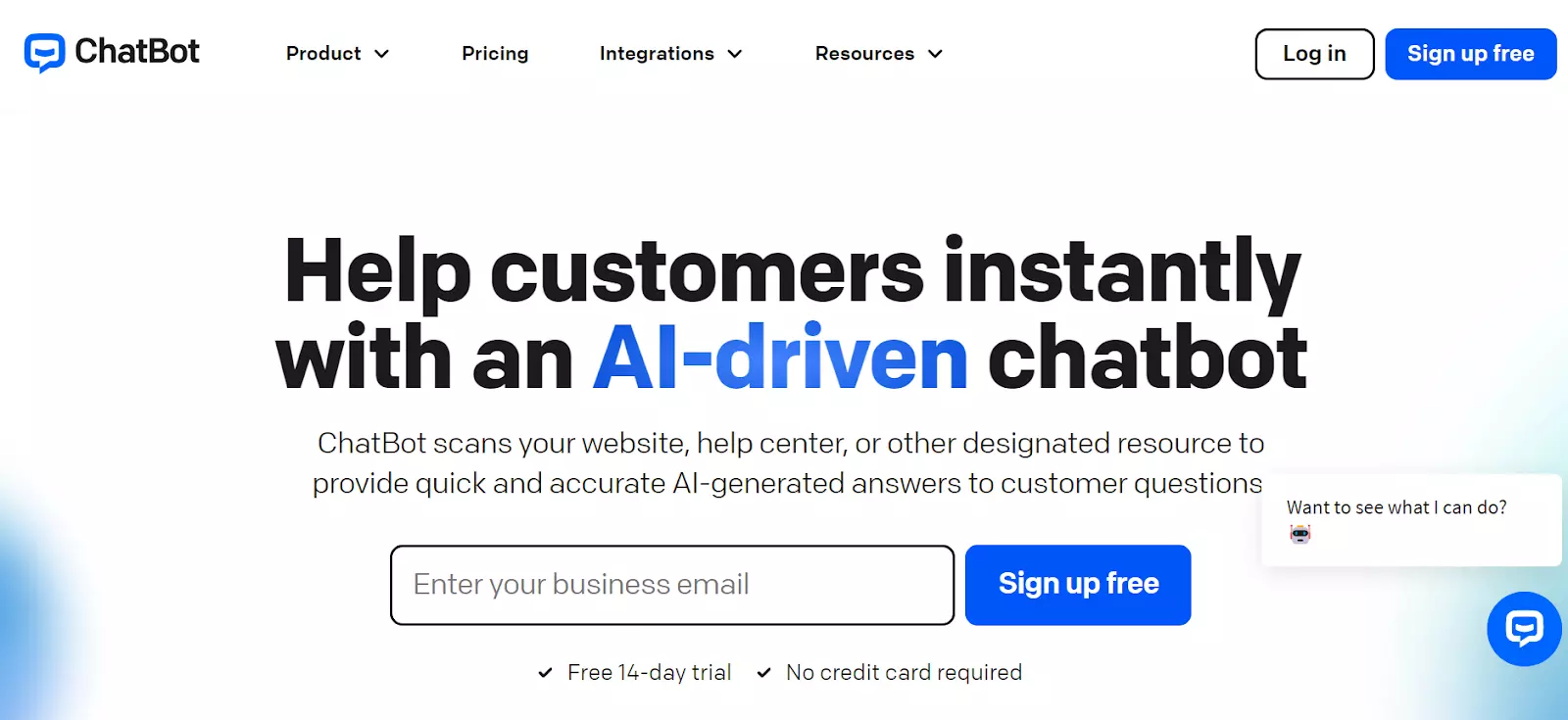 Snímka domovskej stránky ChatBot - poskytnúť odpovede generované AI s ich výkonným chatbotom