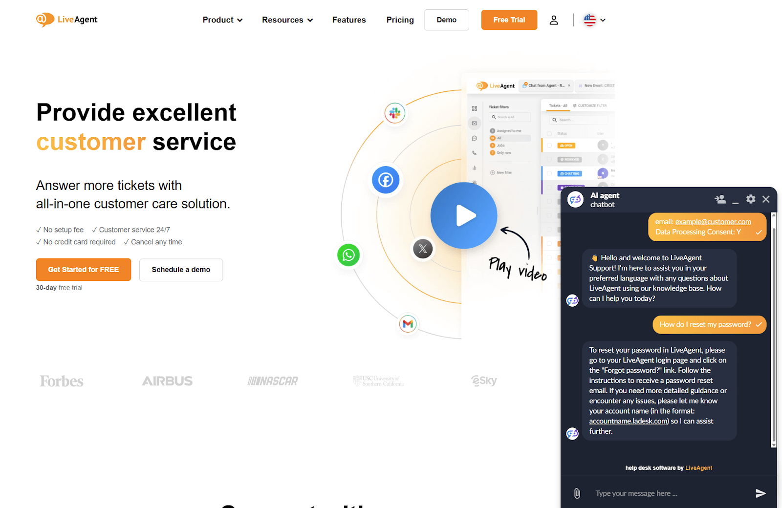 Snímka obrazovky konverzácie zákazníckej podpory s AI chatbotom LiveAgent