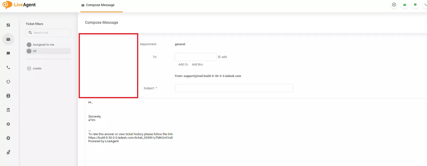 Obrázok zobrazujúci problém s dizajnom na obrazovke Napísať správu v LiveAgent