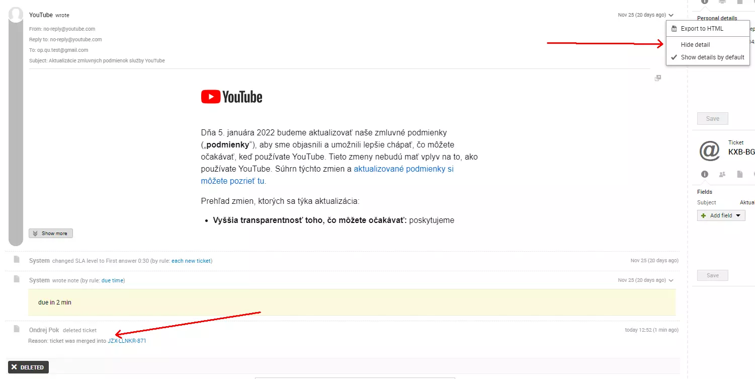 Obrázok ukazujúci chybu zdroja e-mailu po zlúčení dvoch lístkov, problém prítomný v predchádzajúcich verziách LiveAgent