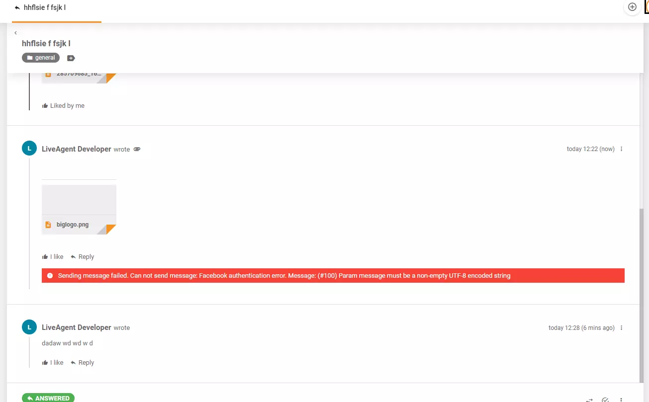 Chybová správa zobrazená pri zverejňovaní obrázka na Facebooku cez LiveAgent