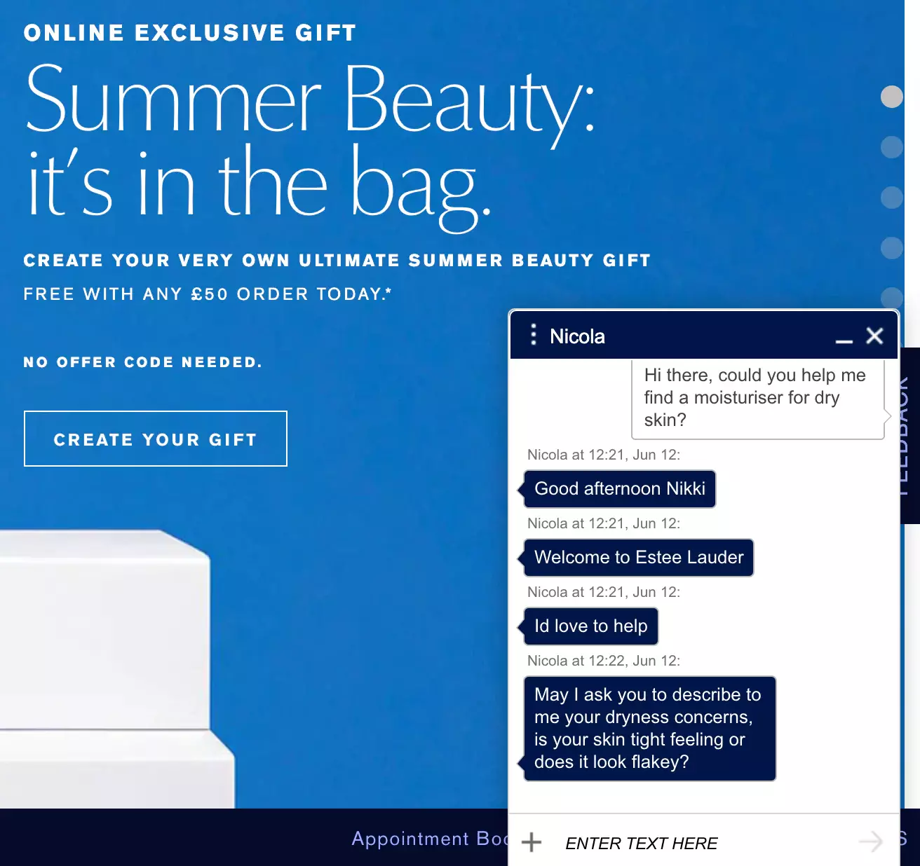 Príklad live chatu Estee Lauder