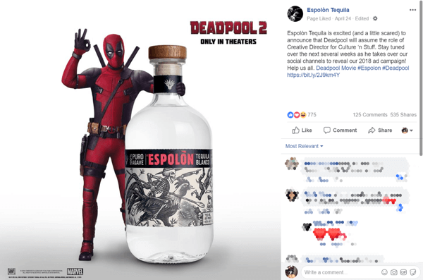 Oznámenie partnerstva značky Tequila s filmom Deadpool 2 na Facebooku