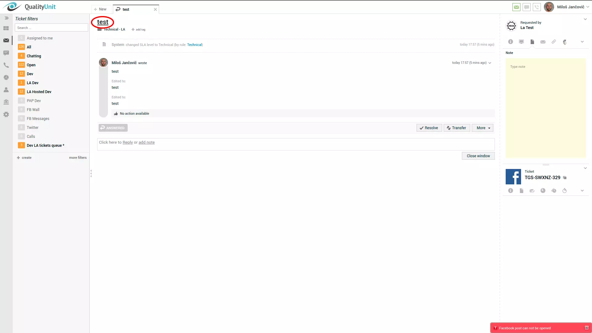 Chyba príspevku na Facebooku v pravom rohu používateľského rozhrania LiveAgent