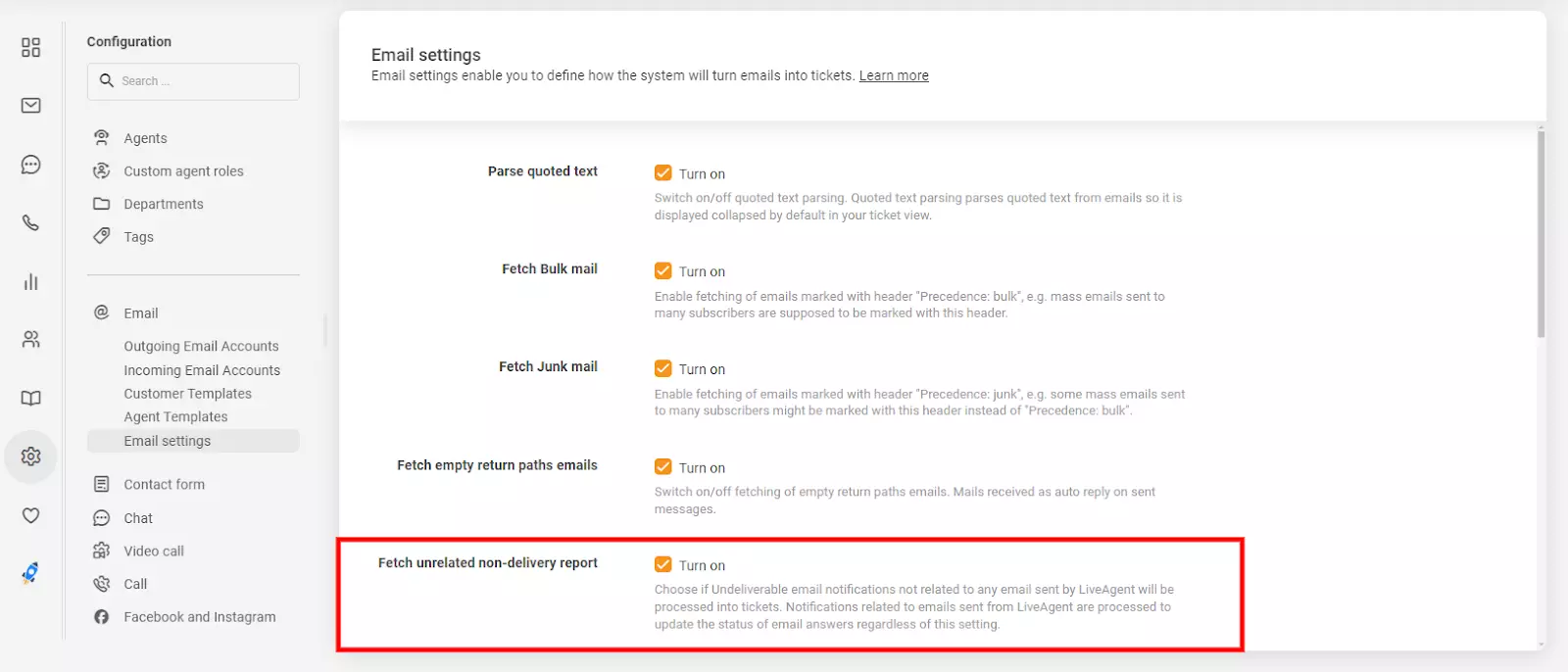 Nastavenia emailu v LiveAgent zobrazujúce možnosť 'načítať nesúvisiacu správu o neúspešnom doručení'
