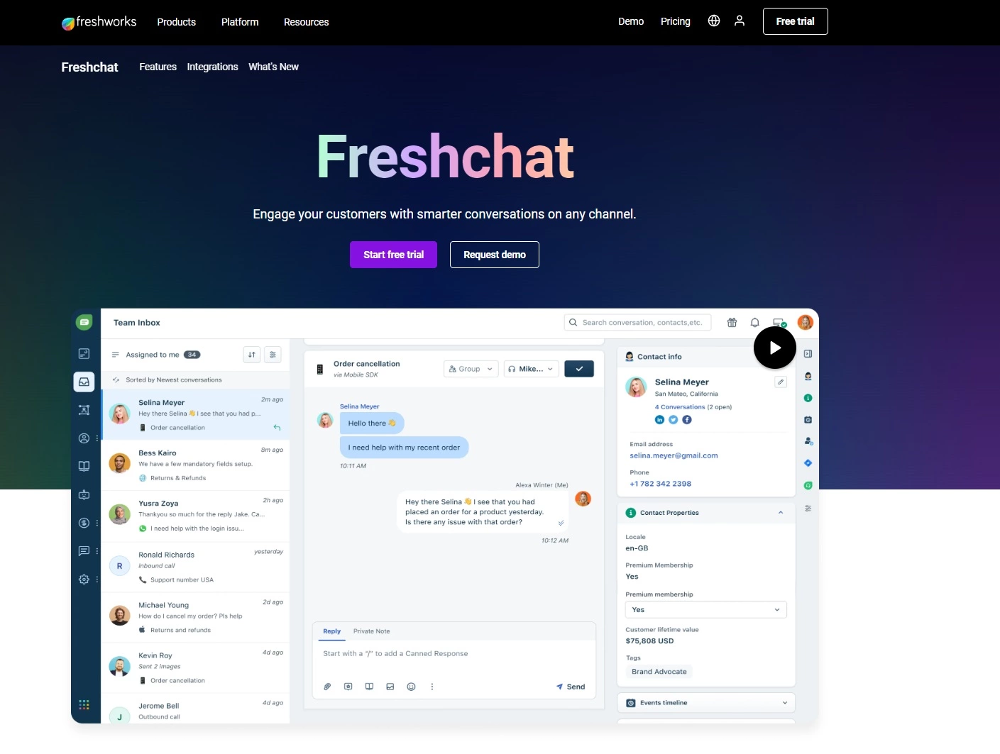 Snímka domovskej stránky Freshdesk - nástroj live chat na inteligentnejšie a rýchlejšie rozhovory