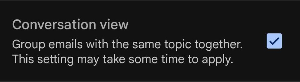 Zaškrtávacie pole na povolenie a zakázanie zobrazenia rozhovoru v aplikácii Gmail