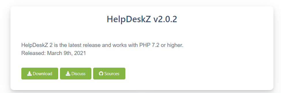 Príklad stránky stiahnutia systému open source ticketingu s tlačidlom stiahnutia, diskusiou a zdrojmi