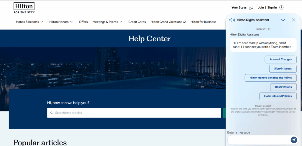 Digitálny asistent Hiltonu na webovej stránke Hiltonu