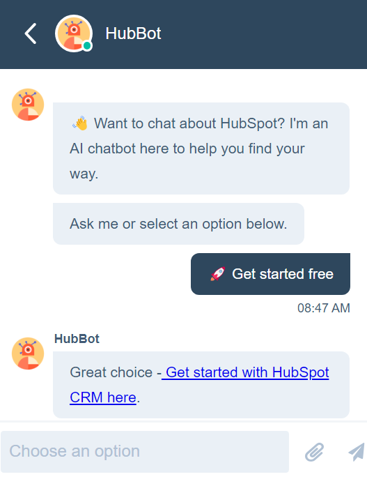Obrázok ukazujúci, ako vyzerá live chat konverzácia prostredníctvom HubSpot
