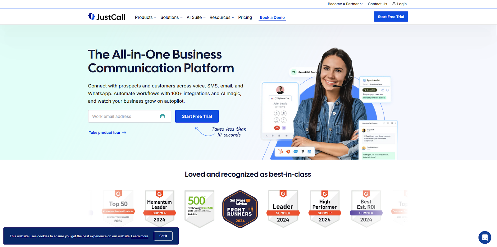 Domovská stránka software call center JustCall