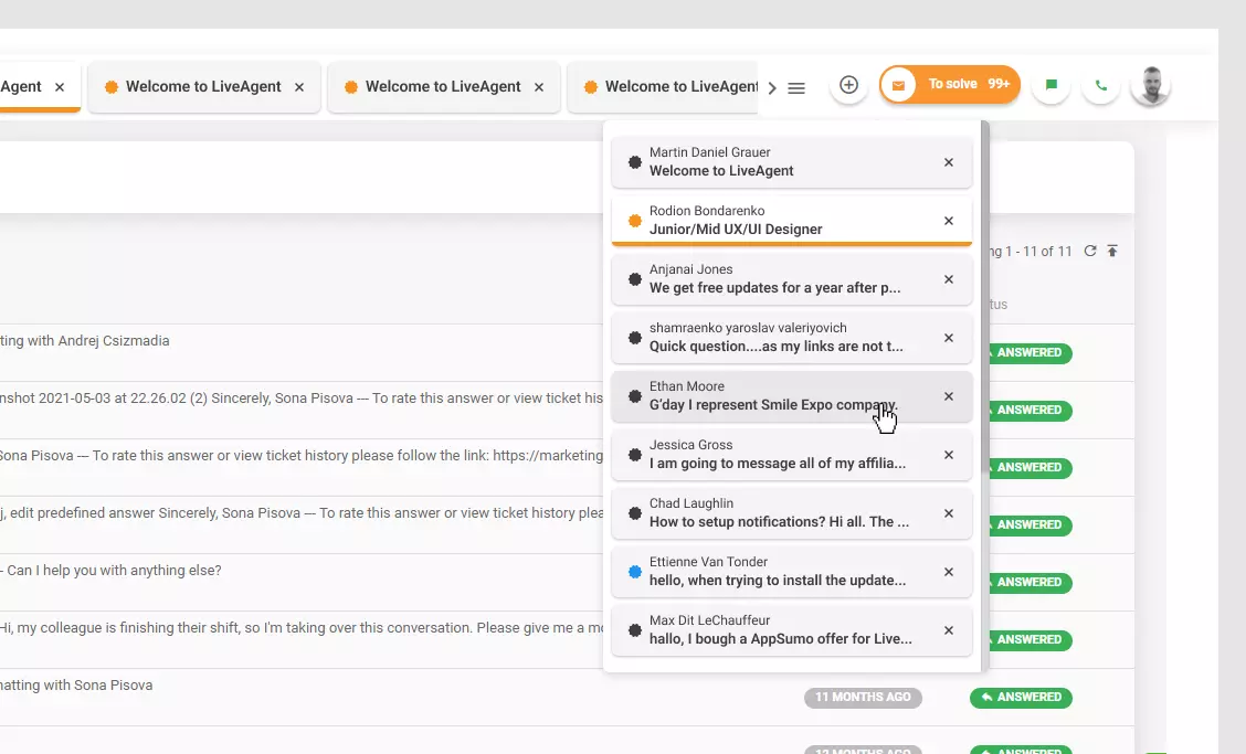 LiveAgent - Zoznam otvorených lístkov