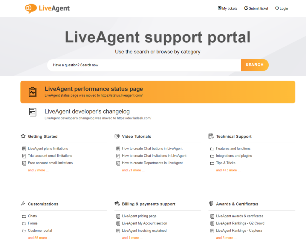 Snímka obrazovky zobrazujúca kategóriu technickej podpory z knowledge base LiveAgent