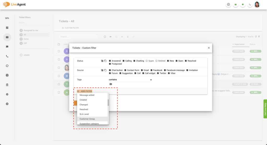 LiveAgent Pridať filter zákazníka