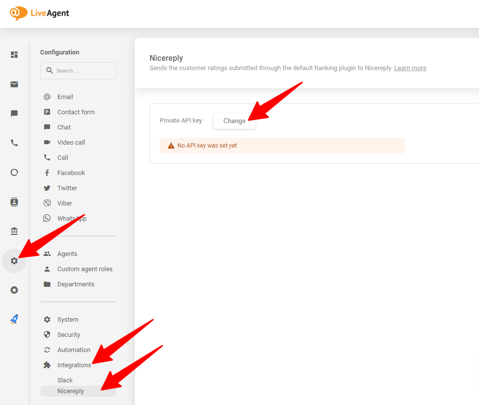 Obrázok ukazuje, kde umiestnite vygenerovaný kľúč API vo vašom účte LiveAgent