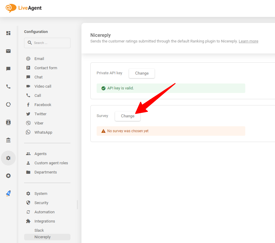 Vyberte prieskum Nicereply, ktorý chcete používať po vložení kľúča API do vášho LiveAgent